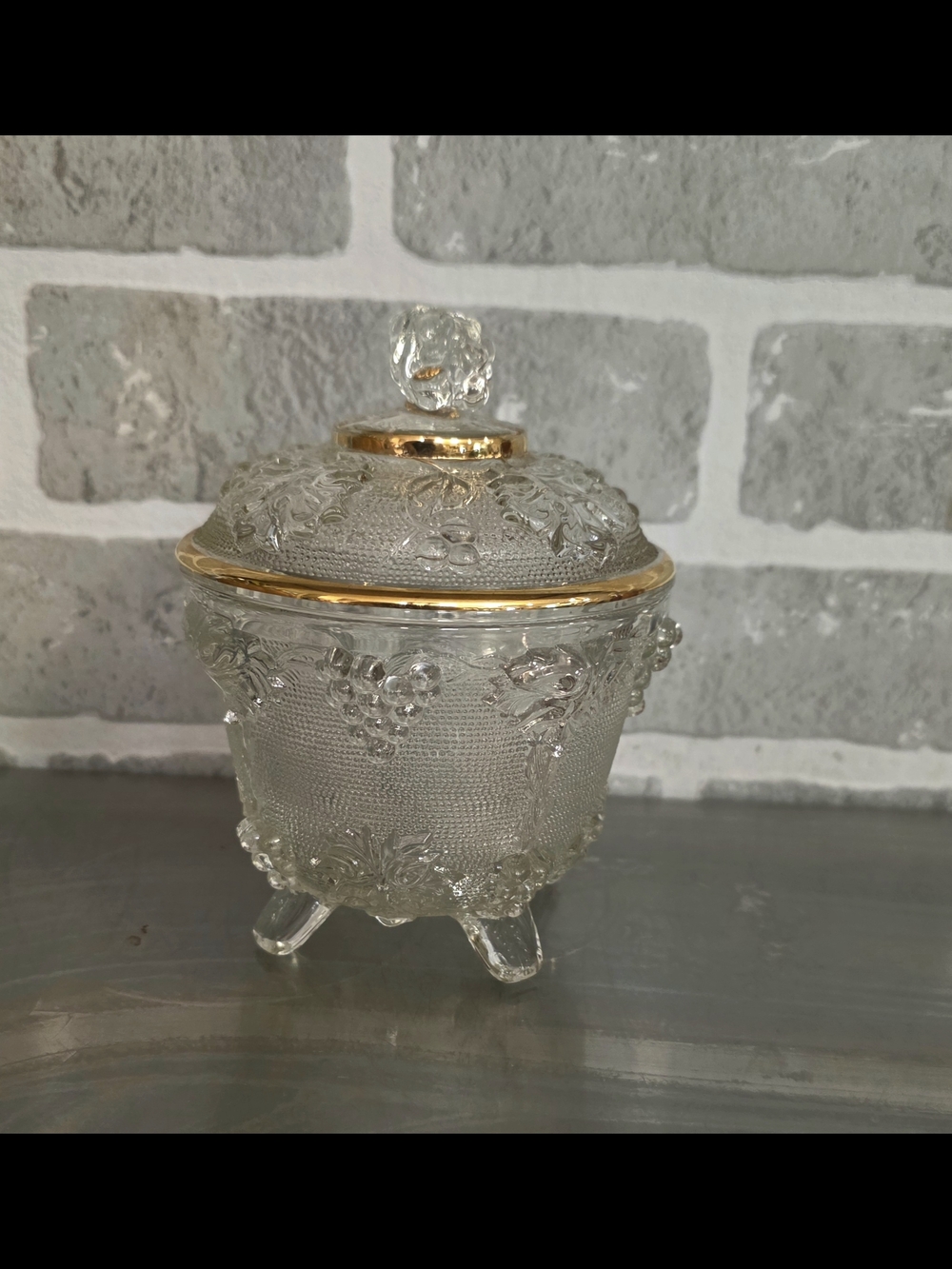 Clear Glass Covered Candy Dish with Gold Trim